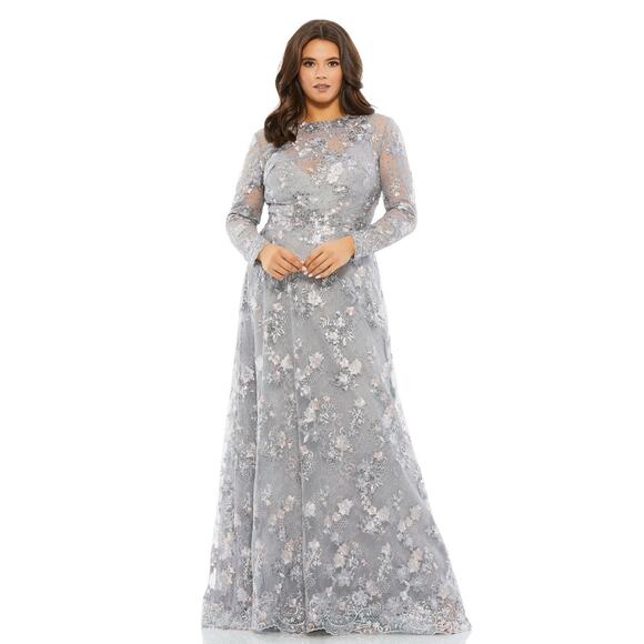 Mac Duggal Platinum Gray Sequin Floral Embroidered Long Sleeve Gown Sz 18 Formal - Picture 1 of 15